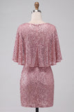 Sparkly Pink Sequined V Neck Ruched Short Cocktail Dress