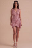 Sparkly Pink Sequined V Neck Ruched Short Cocktail Dress