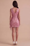 Sparkly Pink Sequined V Neck Ruched Short Cocktail Dress