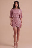Sparkly Pink Sequined V Neck Ruched Short Cocktail Dress