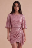 Sparkly Pink Sequined V Neck Ruched Short Cocktail Dress