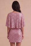 Sparkly Pink Sequined V Neck Ruched Short Cocktail Dress