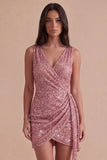 Sparkly Pink Sequined V Neck Ruched Short Cocktail Dress
