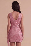 Sparkly Pink Sequined V Neck Ruched Short Cocktail Dress