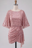 Sparkly Pink Sequined V Neck Ruched Short Cocktail Dress