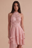 Sparkly Sky Blue A Line High Neck Ruffled Short Cocktail Dress