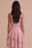 Sparkly Sky Blue A Line High Neck Ruffled Short Cocktail Dress