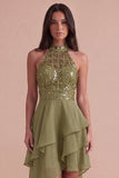Sparkly Sky Blue A Line High Neck Ruffled Short Cocktail Dress