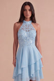 Sparkly Sky Blue A Line High Neck Ruffled Short Cocktail Dress
