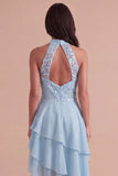Sparkly Sky Blue A Line High Neck Ruffled Short Cocktail Dress