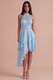 Sparkly Sky Blue A Line High Neck Ruffled Short Cocktail Dress