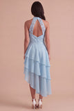 Sparkly Sky Blue A Line High Neck Ruffled Short Cocktail Dress