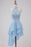Sparkly Sky Blue A Line High Neck Ruffled Short Cocktail Dress