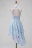 Sparkly Sky Blue A Line High Neck Ruffled Short Cocktail Dress