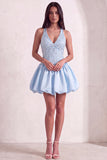 Sky Blue Sparkly Halter Neck Sequined Mini Cocktail Dress
