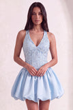 Sky Blue Sparkly Halter Neck Sequined Mini Cocktail Dress