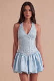 Sky Blue Sparkly Halter Neck Sequined Mini Cocktail Dress