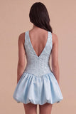 Sky Blue Sparkly Halter Neck Sequined Mini Cocktail Dress