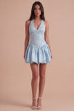 Sky Blue Sparkly Halter Neck Sequined Mini Cocktail Dress