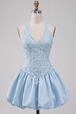Sky Blue Sparkly Halter Neck Sequined Mini Cocktail Dress