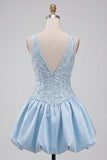 Sky Blue Sparkly Halter Neck Sequined Mini Cocktail Dress
