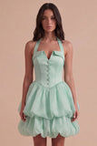 Pink Halter Neck Ruffled Bubble Short Cocktail Dress with Button
