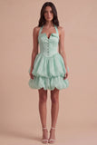 Pink Halter Neck Ruffled Bubble Short Cocktail Dress with Button