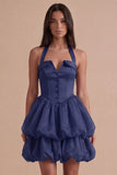 Pink Halter Neck Ruffled Bubble Short Cocktail Dress with Button