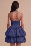 Pink Halter Neck Ruffled Bubble Short Cocktail Dress with Button