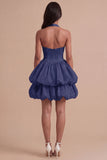 Pink Halter Neck Ruffled Bubble Short Cocktail Dress with Button