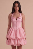 Pink Halter Neck Ruffled Bubble Short Cocktail Dress with Button
