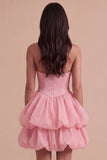 Pink Halter Neck Ruffled Bubble Short Cocktail Dress with Button