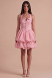 Pink Halter Neck Ruffled Bubble Short Cocktail Dress with Button