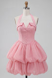 Pink Halter Neck Ruffled Bubble Short Cocktail Dress with Button