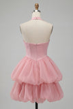 Pink Halter Neck Ruffled Bubble Short Cocktail Dress with Button