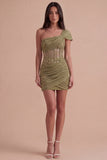 Olive Corset One Shoulder Ruched Short Cocktail Dress