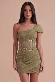 Olive Corset One Shoulder Ruched Short Cocktail Dress