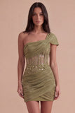 Olive Corset One Shoulder Ruched Short Cocktail Dress