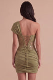 Olive Corset One Shoulder Ruched Short Cocktail Dress