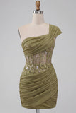 Olive Corset One Shoulder Ruched Short Cocktail Dress