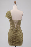 Olive Corset One Shoulder Ruched Short Cocktail Dress