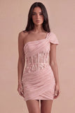 Olive Corset One Shoulder Ruched Short Cocktail Dress