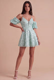 Sparkly Olive Floral A Line Cold Shoulder Short Cocktail Dress