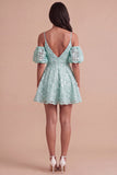 Sparkly Olive Floral A Line Cold Shoulder Short Cocktail Dress