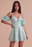 Sparkly Olive Floral A Line Cold Shoulder Short Cocktail Dress