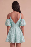 Sparkly Olive Floral A Line Cold Shoulder Short Cocktail Dress