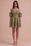 Sparkly Olive Floral A Line Cold Shoulder Short Cocktail Dress