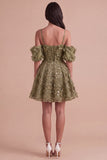 Sparkly Olive Floral A Line Cold Shoulder Short Cocktail Dress