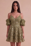 Sparkly Olive Floral A Line Cold Shoulder Short Cocktail Dress