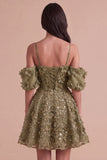 Sparkly Olive Floral A Line Cold Shoulder Short Cocktail Dress